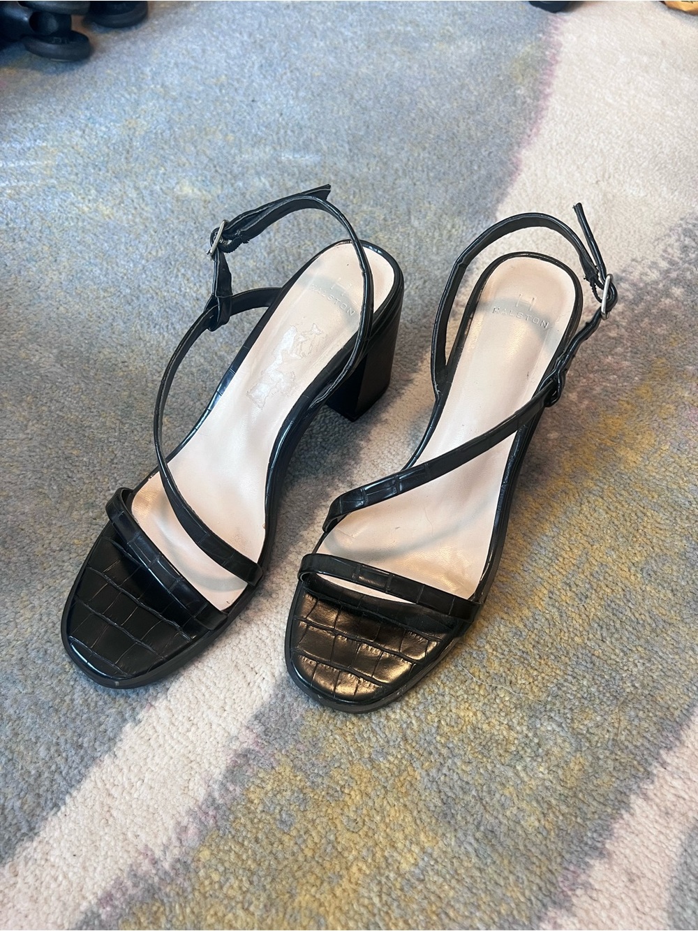 H by Halston Black Croc-Embossed Strappy Block Heels